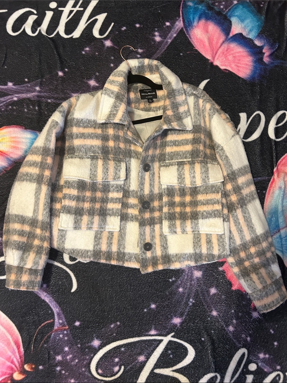Haute Monde Cream, Gray & Peach Plaid Utility Jacket